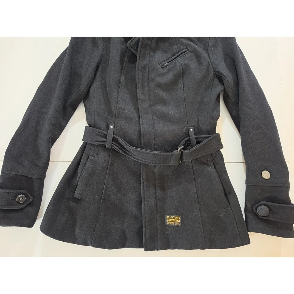 G-STAR RAW 3301 Women's Solar Wool Coat XS Black Belted Military Pea Jacket - Picture 6 of 16